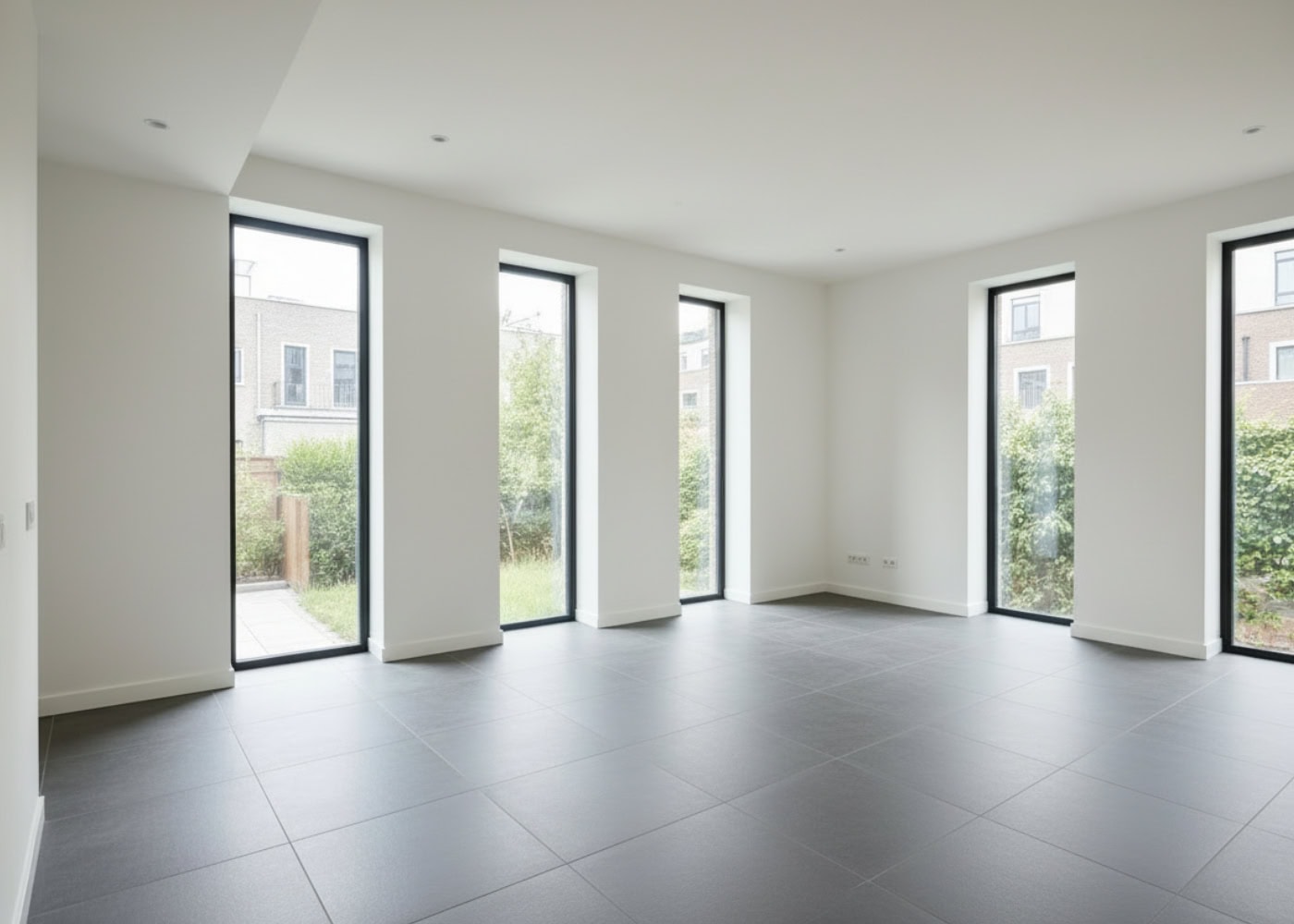 Innenausbau und Renovierung: Moderner leerer Raum mit Fliesenboden Heller, leerer Raum mit frisch gestrichenen Wänden, Parkettboden und Fliesen – Beispiel für modernen Innenausbau und Renovierung.