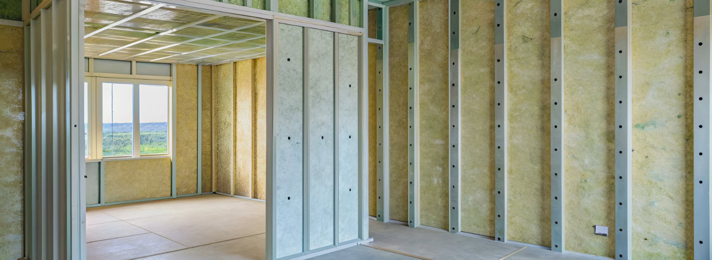 Wohnraum mit eingebauten und gedämmten Trockenbauwänden